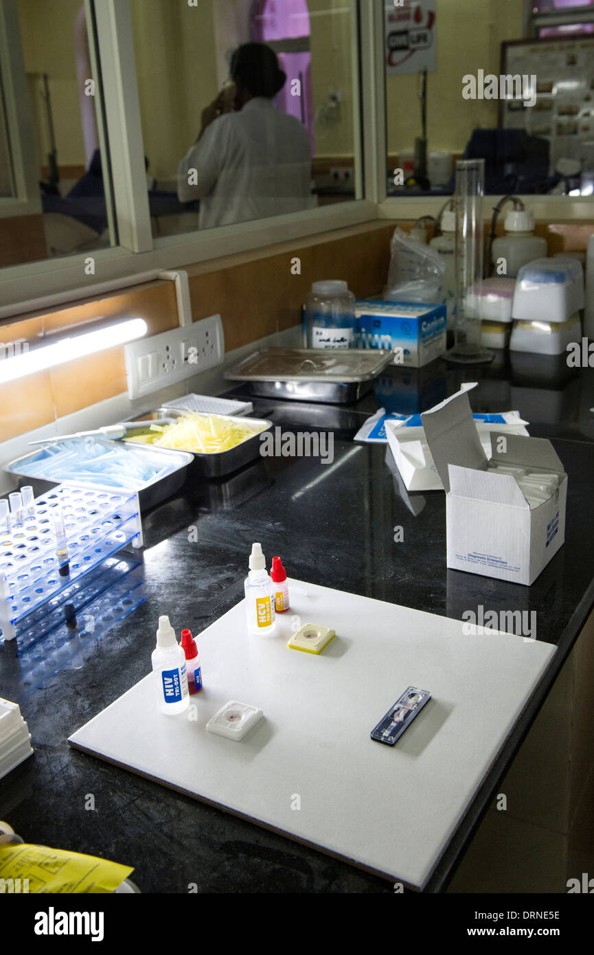 HIV testing kit in the blood bank at Super Speciality hospital. Puttaparthi, Andhra Pradesh, India Stock Photo