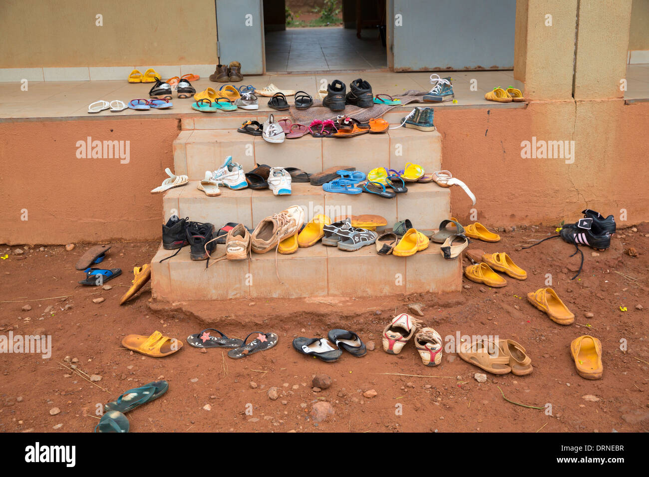 bags hanging outside classroom of school in Bobo Dioulasso, Burkina Faso, Africa Stock Photo