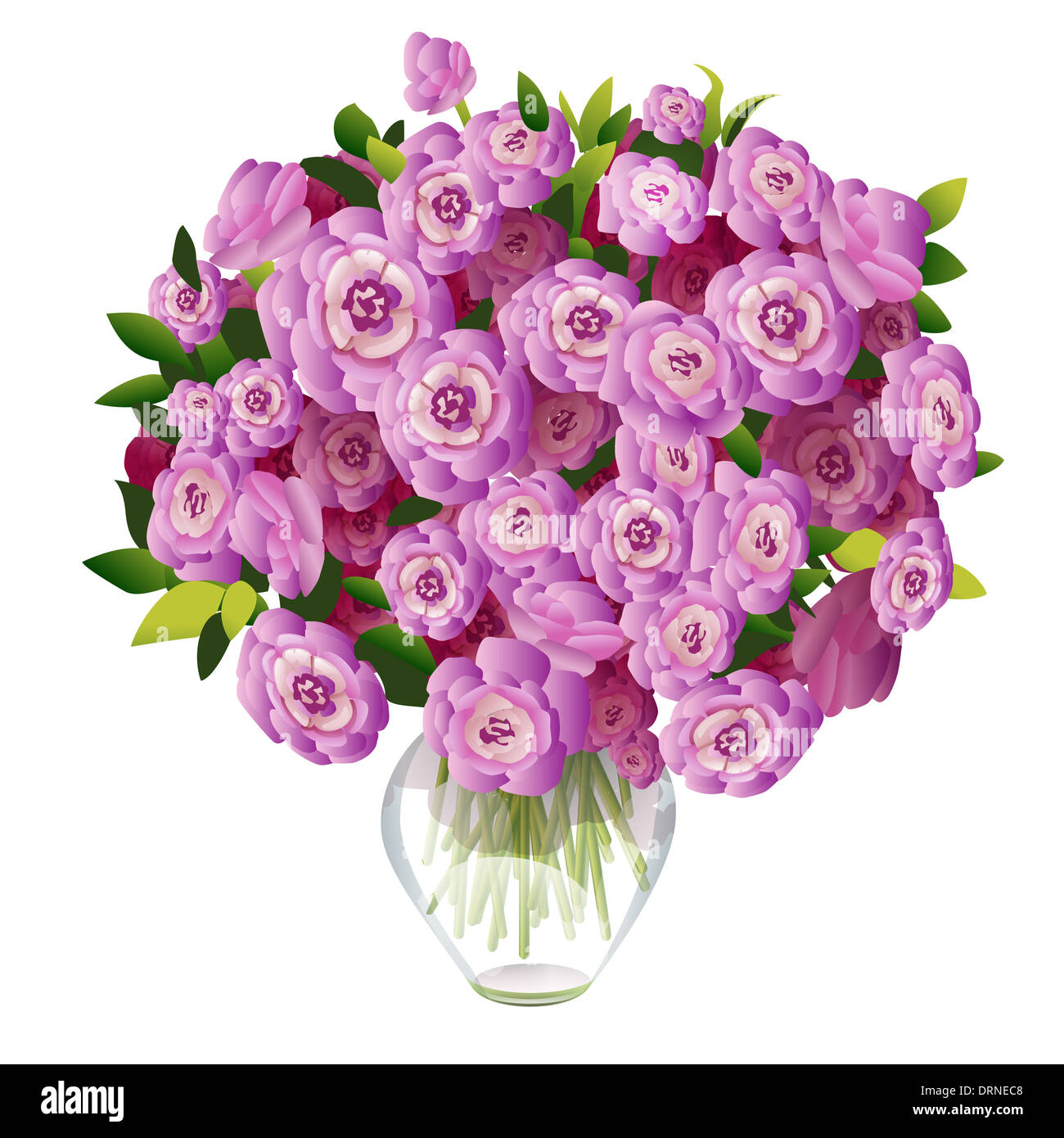 bouquet of pink flowers in a glass vase on a white background Stock ...