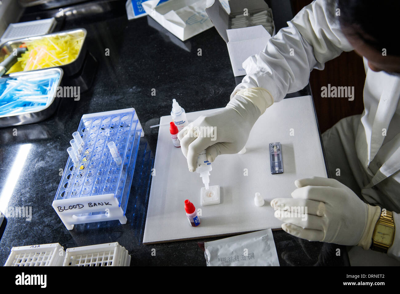 Indian lab technician doing HIV test in the blood bank at Super Speciality hospital. Puttaparthi, Andhra Pradesh, India Stock Photo