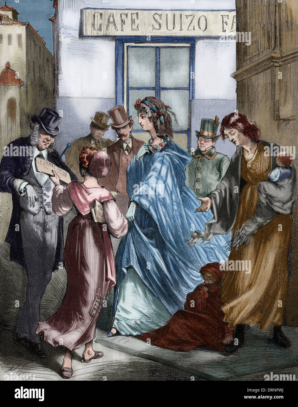 Spain. Madrid. The corner of the dangers's street. Engraving in The Spanish and American