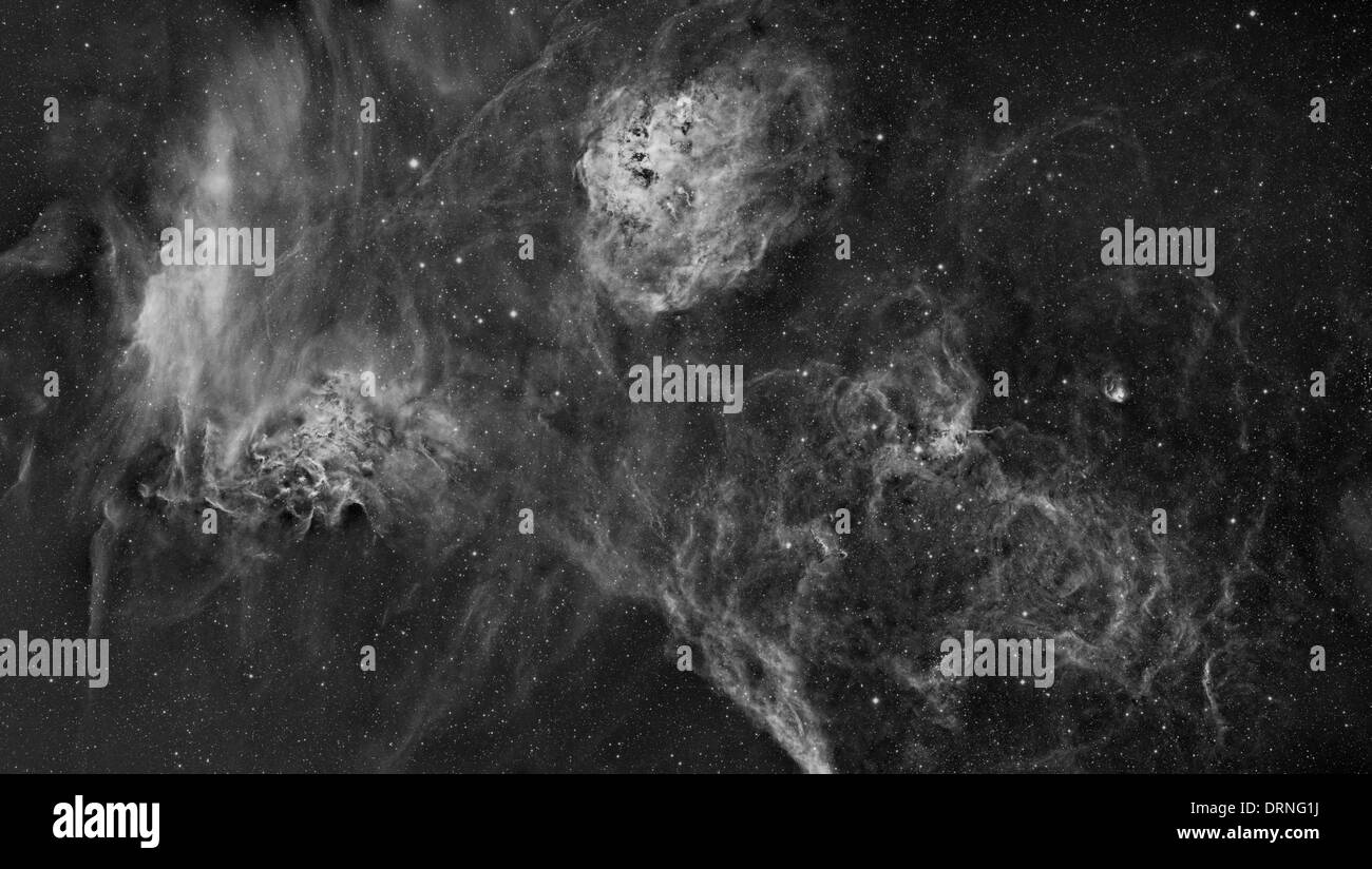 Deep space images in mono - The Tadpoles, Flaming Star and Spider nebula Stock Photo