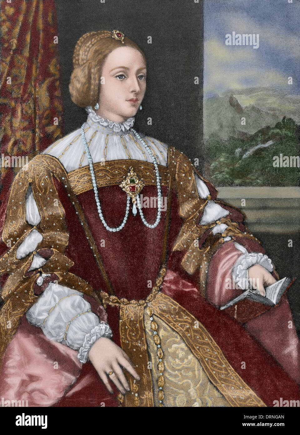 Isabella of Portugal (1503-1539). Queen of Spain and Empress of Germany. Engraving after a painting of Titian. Colored. Stock Photo