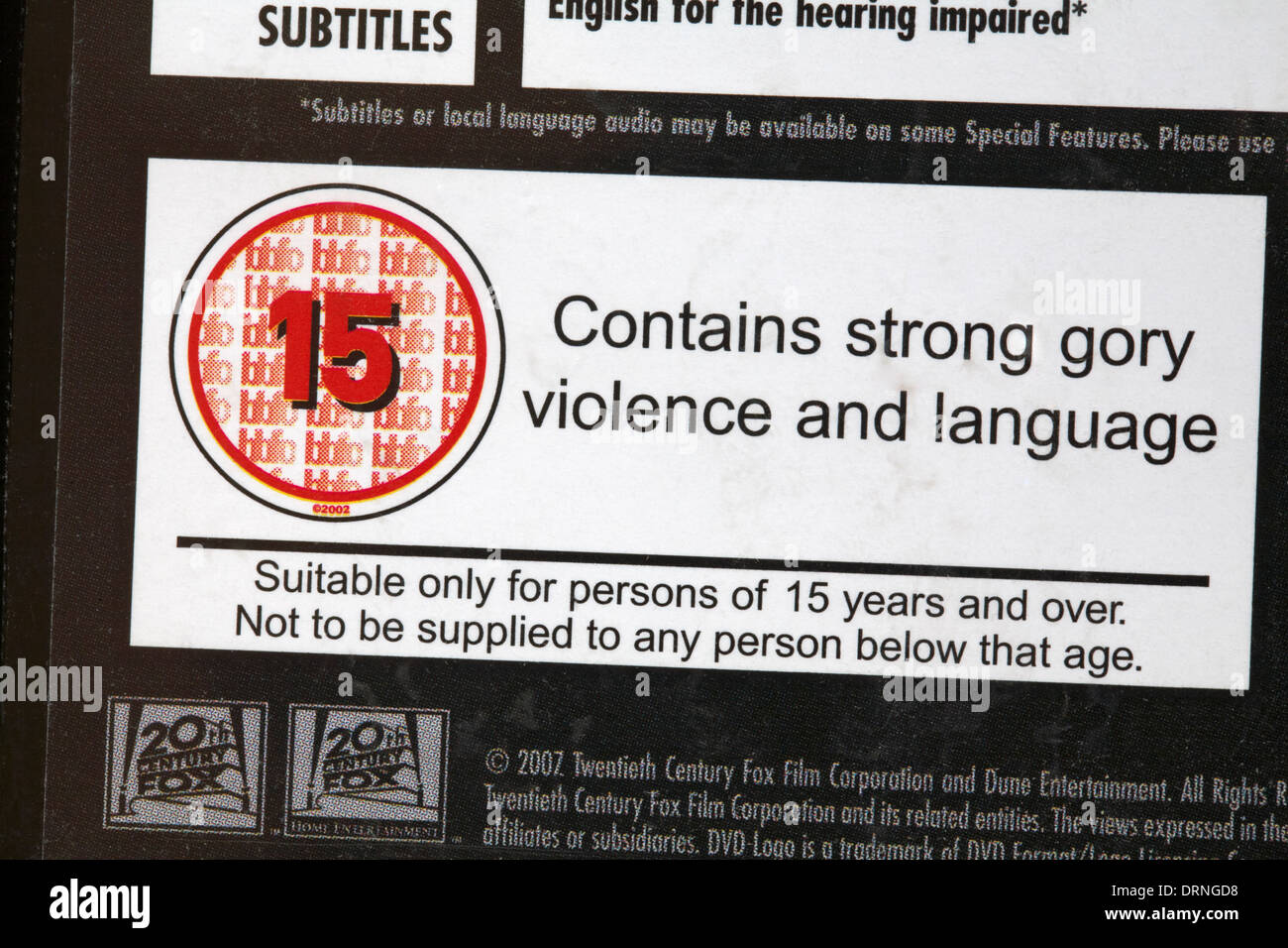 15 rating on DVD case - contains strong gory violence and language Stock Photo