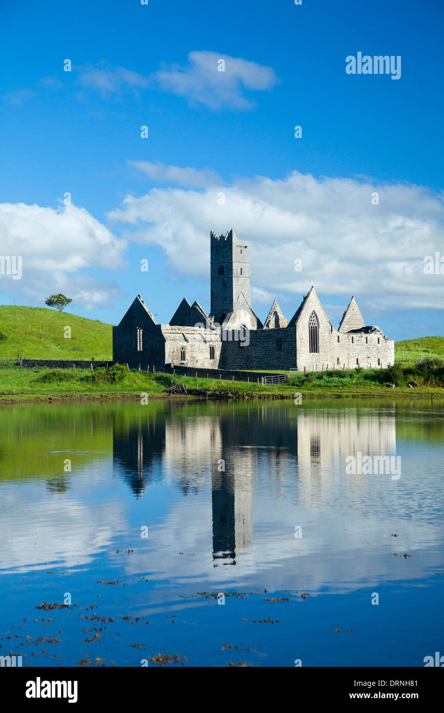 Reflection of Rosserk Abbey in the River Moy, County Mayo, Ireland. Stock Photo