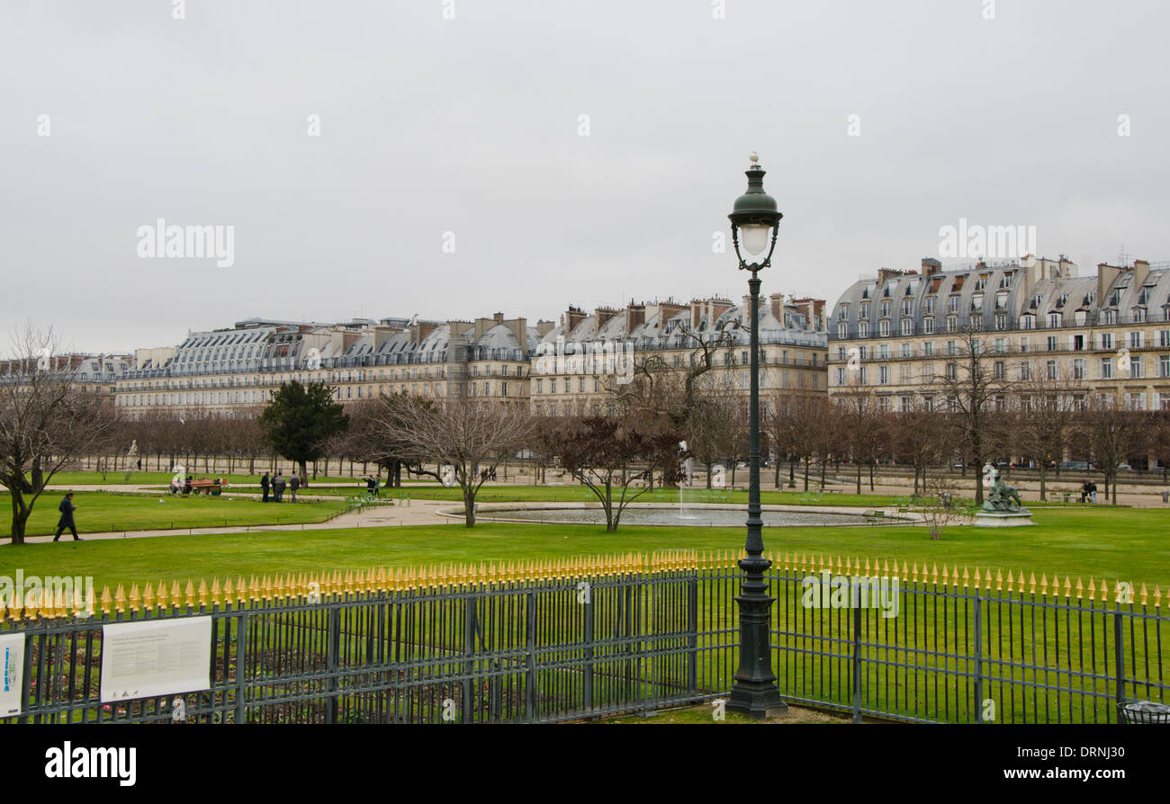 The Louvre gardens and tuileries and Rue de Rivoli in background, Paris, France. Stock Photo