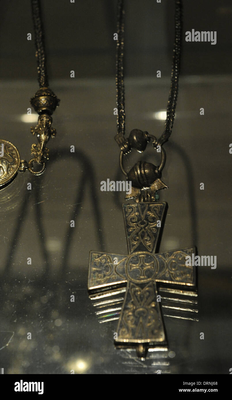Bishop's Hoard from Halikko. 12th century. Pendant with a cross. National Museum of Finland. Helsinki. Finland. Stock Photo