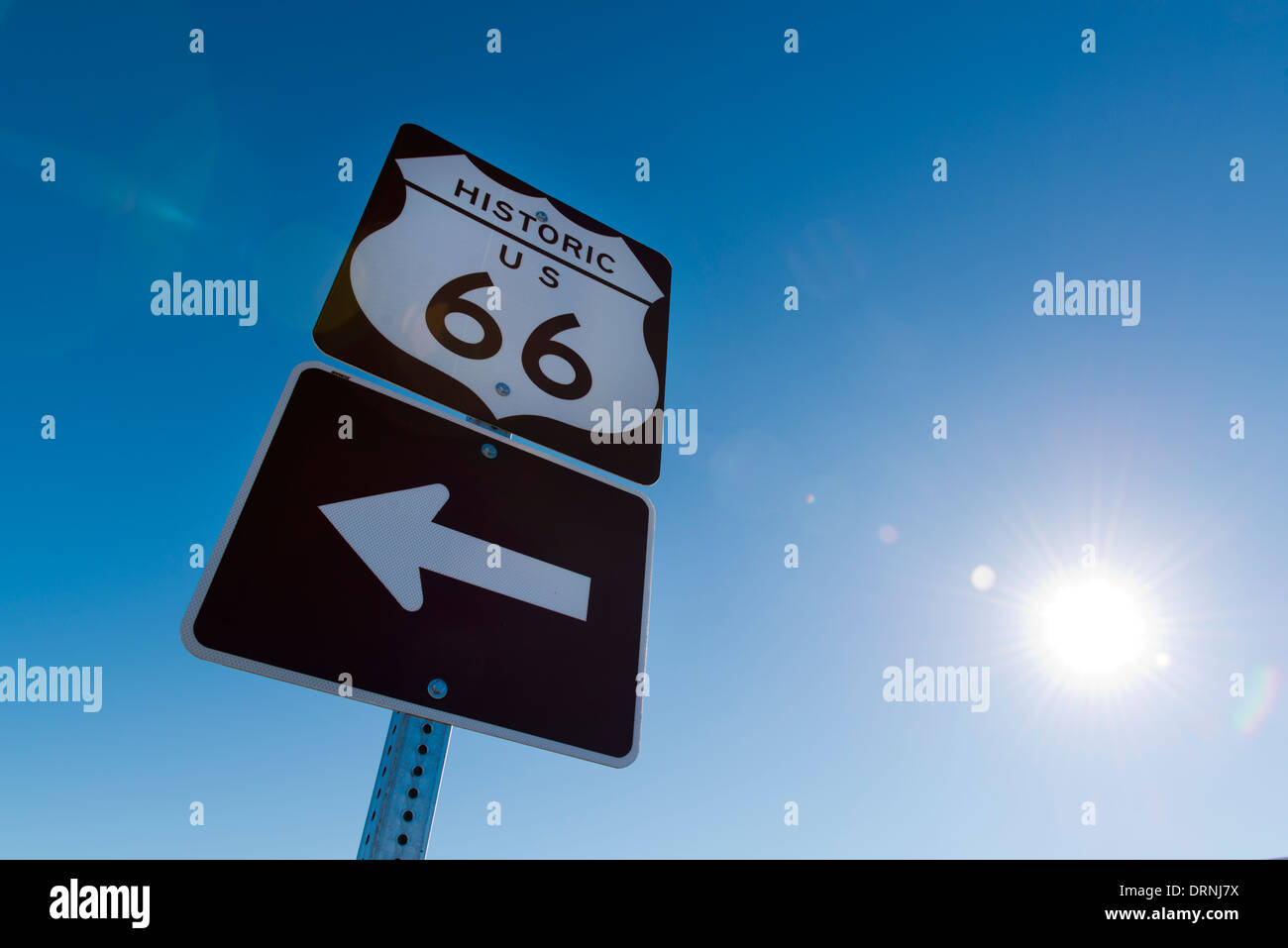 Sign posting the direction of the historic Route 66. Stock Photo