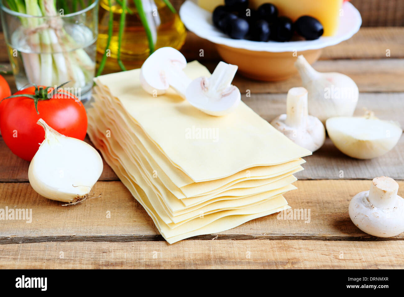 sheets for lasagna and mushrooms, food closeup Stock Photo