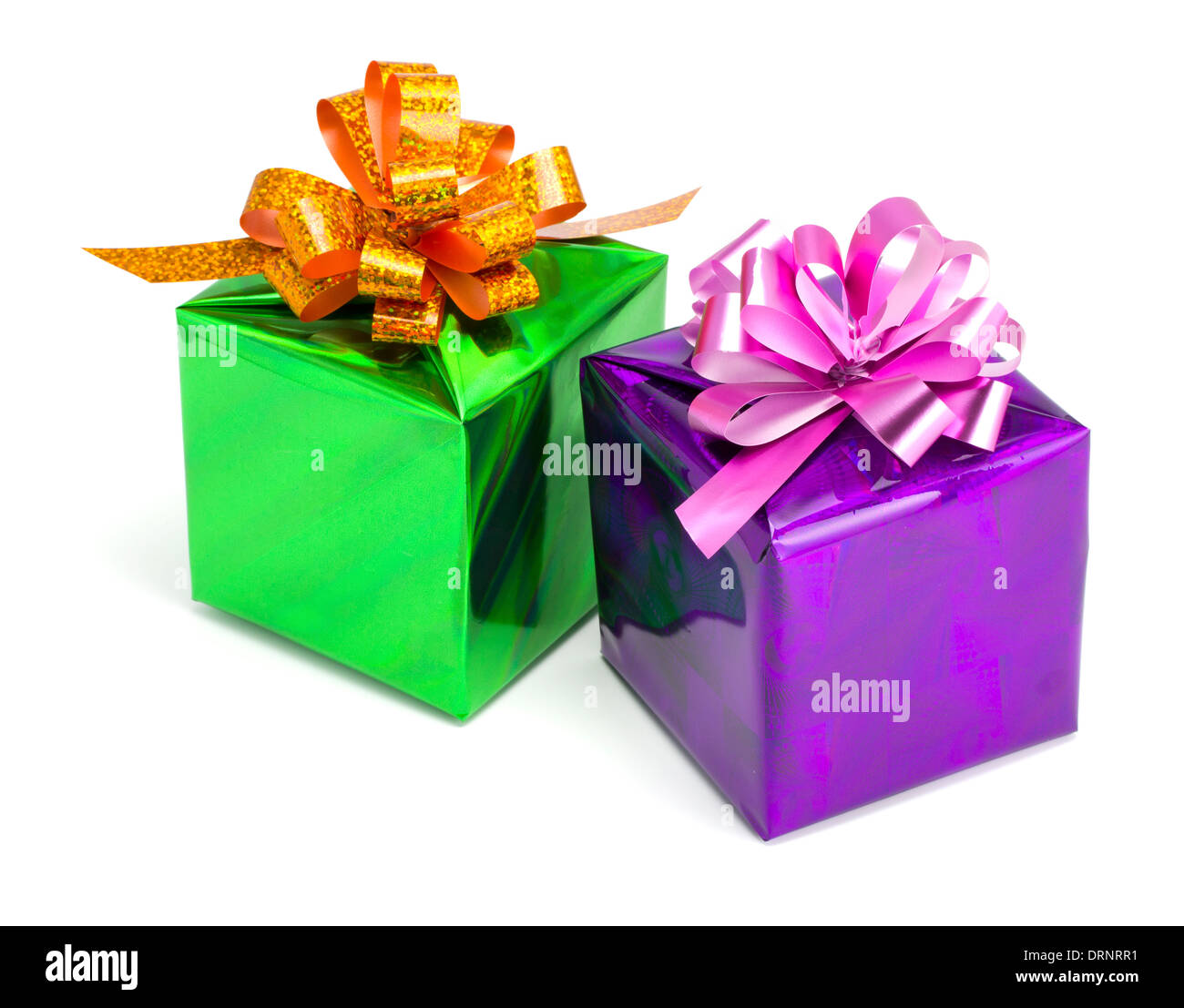 Green and violet gift boxes on the isolated white background Stock Photo