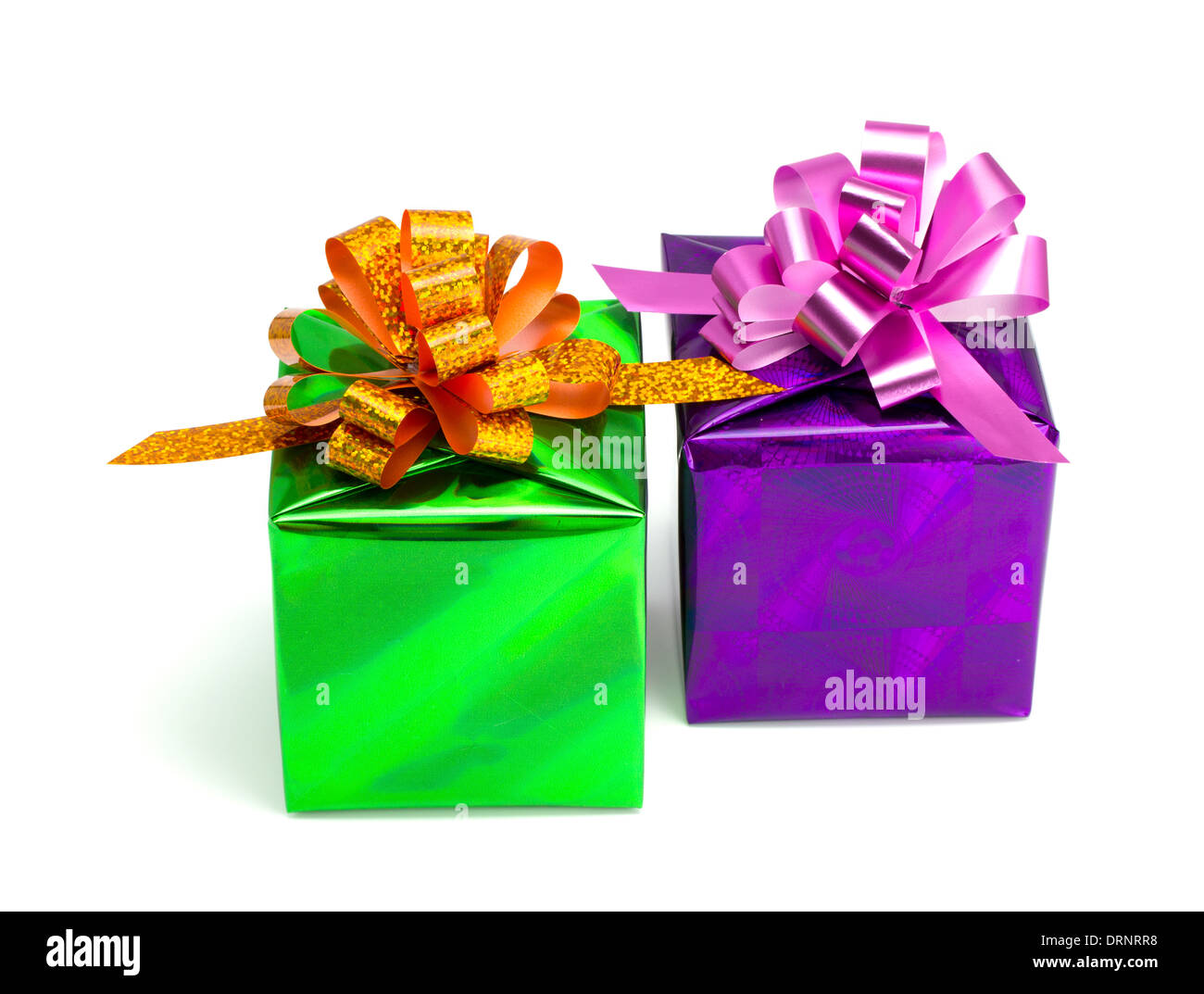 Green and violet gift boxes on the isolated white background Stock Photo