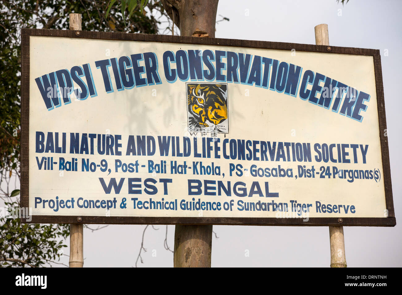 A Tiger poster in the Sunderbans a low lying area of the Ganges Delta that is vulnerable to sea level rise, India, that is the largest Tiger reserve in the world. Stock Photo