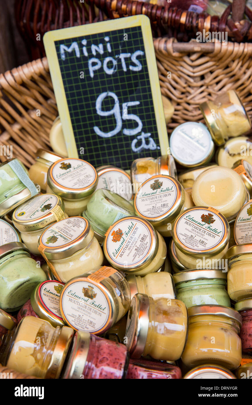 Traditional Dijon mustard for sale in La Fabrique Bouchons shop in the old town in Dijon, Burgundy region of France Stock Photo