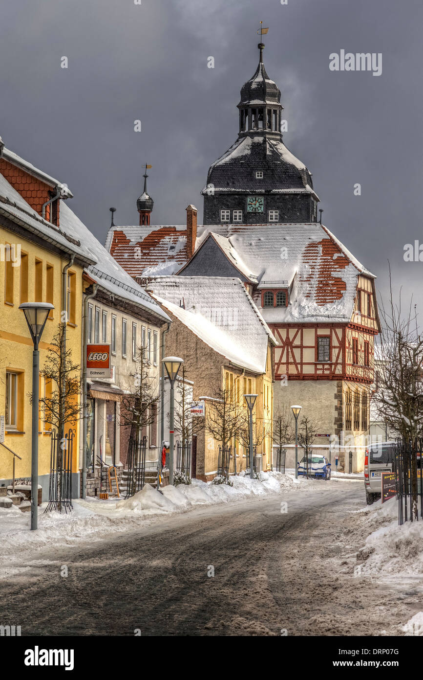 st mary's church and street scene, harzgerode, harz district, saxony-anhalt, germany Stock Photo