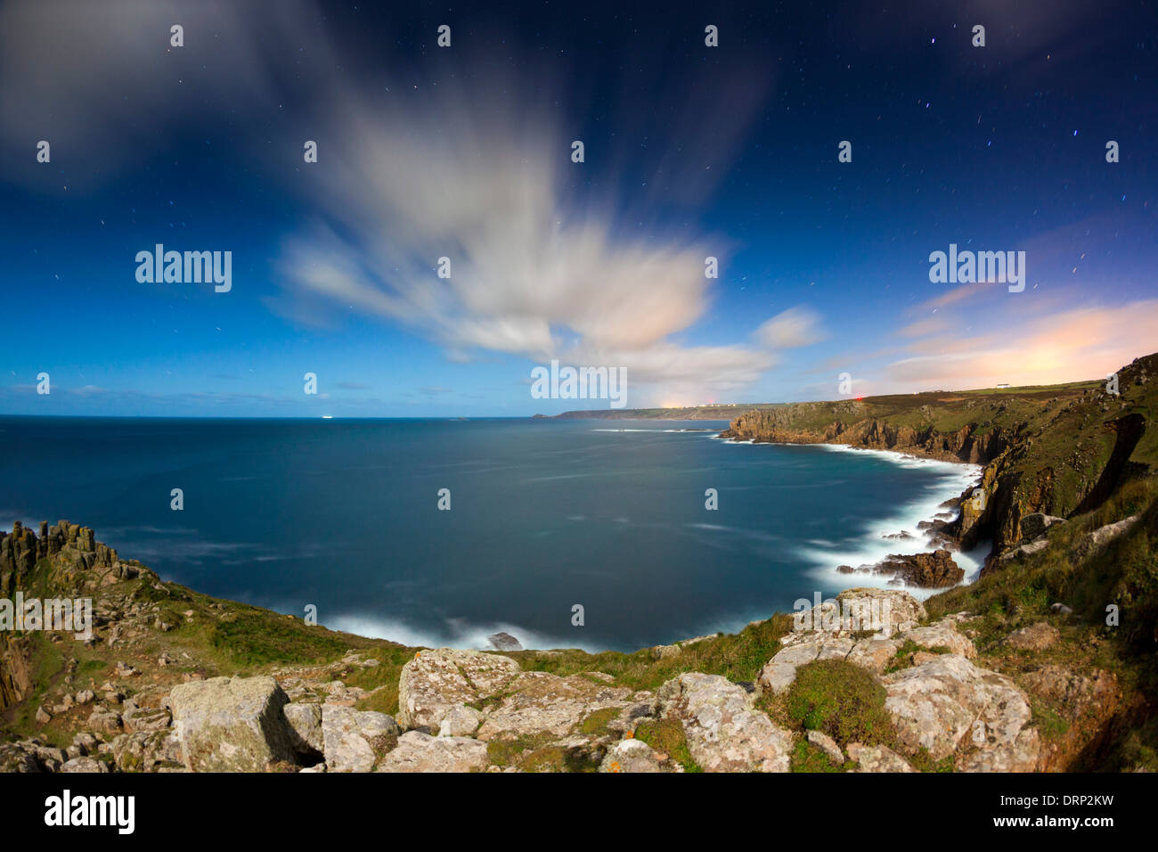 Land's End; by Moonlight; Cornwall; UK Stock Photo