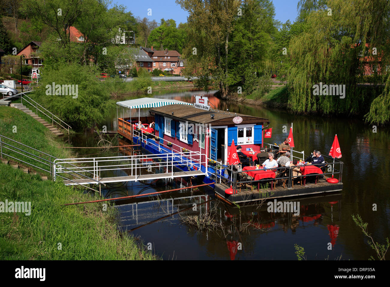 Swimming restaurant Hiddos Arche on river Jeetzel,  Hitzacker, Elbe cycle route, Lower Saxony, Germany, Europe Stock Photo