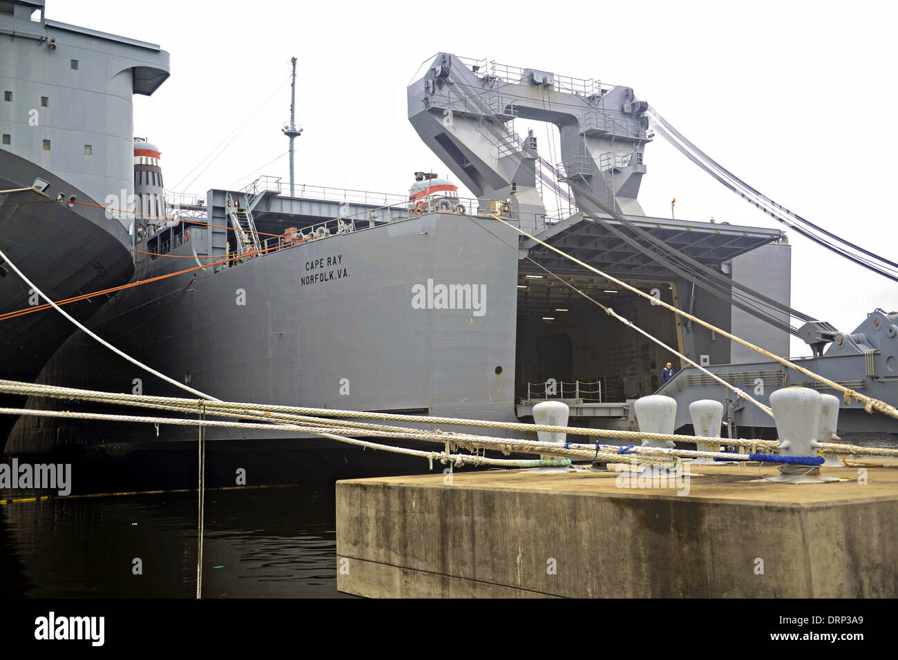US Navy Ready Reserve Force vehicle transport ship Cape Ray docked at Norfolk Naval Shipyard before departing to Italy to begin processing Syrian chemical weapons January 2, 2014 in Portsmouth, Virginia. The Cape Ray has been fitted with equipment to destroy Syrian Chemical weapons at sea as part of a U.N. agreement. Stock Photo