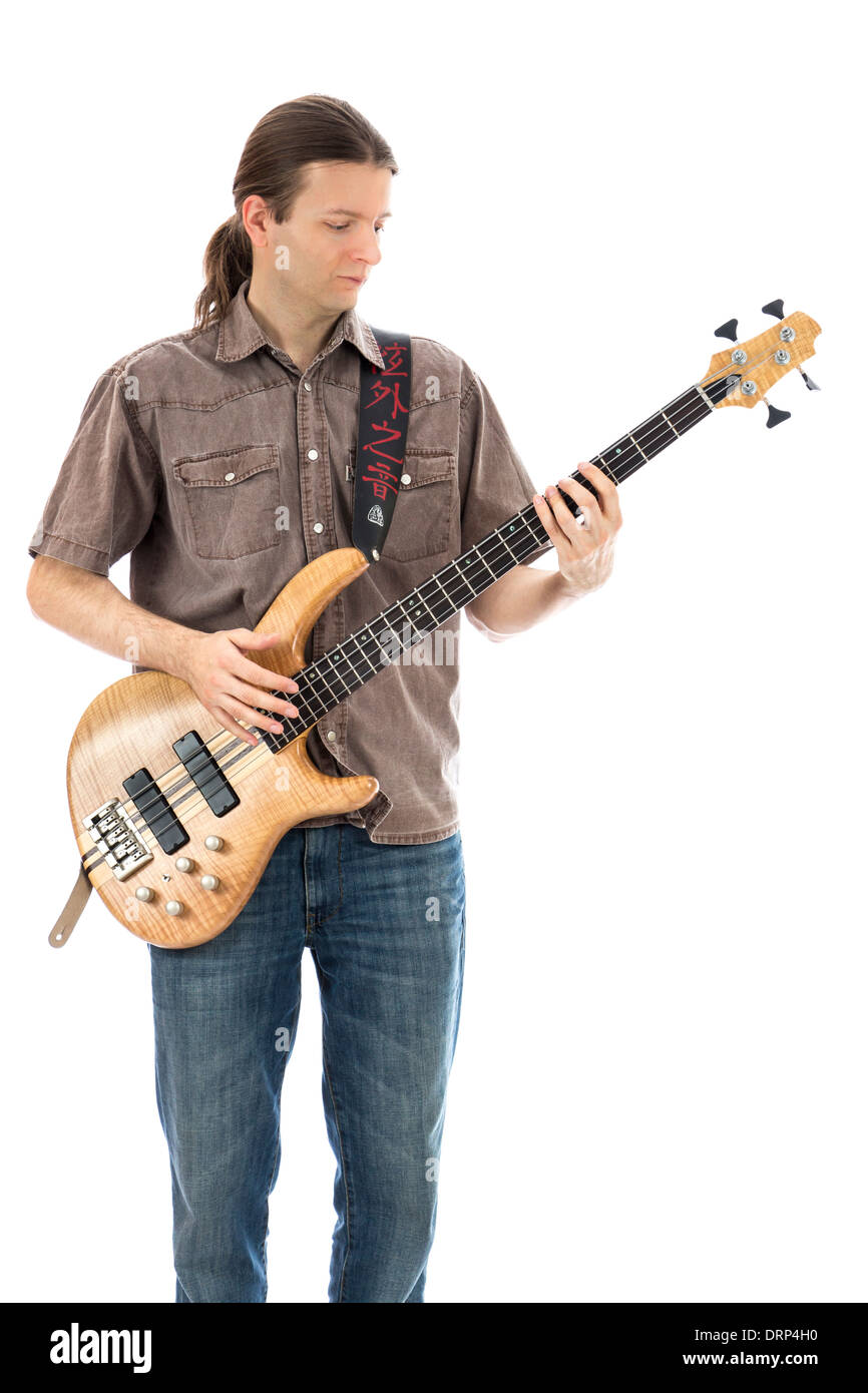 Bassist playing a bass, vertical view (Series with the same model available) Stock Photo