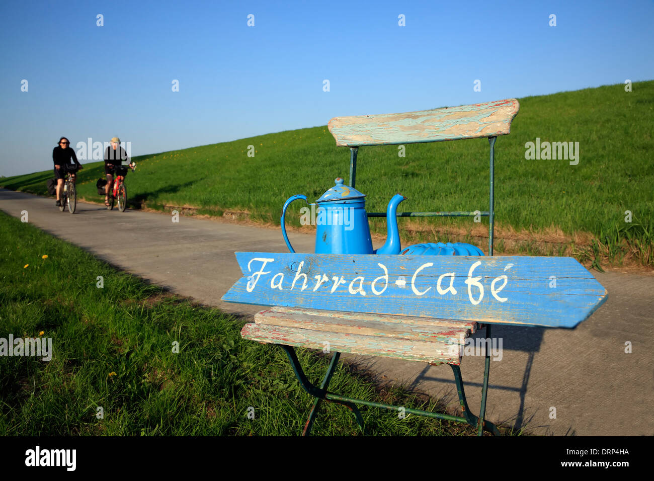 Sign for a Cycle Cafe at Wilkenstorf, Elbe Cycle Route, Amt Neuhaus, Lower Saxony, Germany, Europe Stock Photo