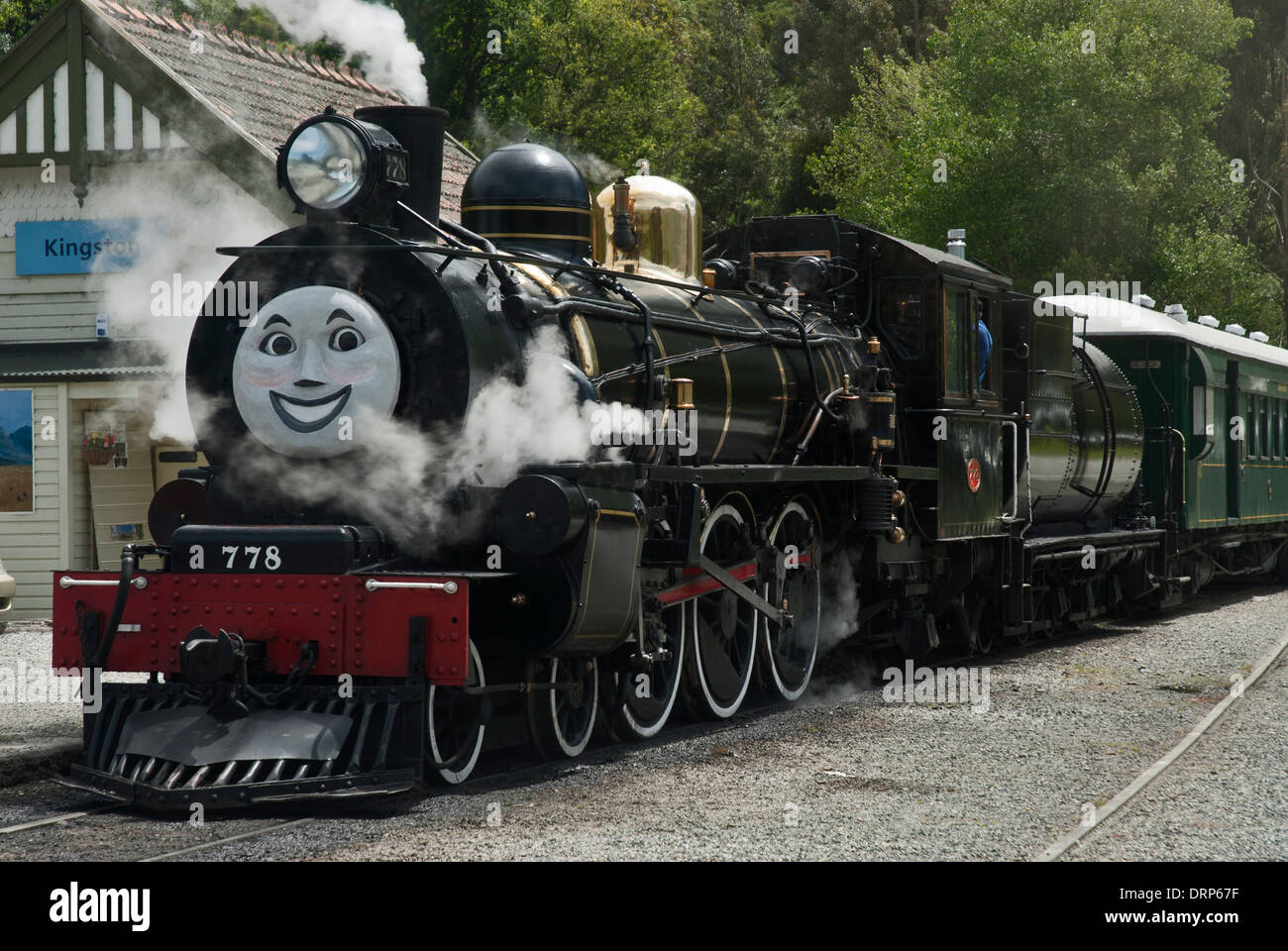 Preserved locomotive the Kingston Flyer about to leave Kingston, South Island, New Zealand with the face of Thomas the Tank engi Stock Photo
