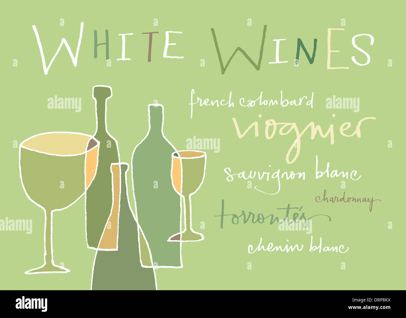 Handwritten words listing different white wines varieties. Hi res JPEG