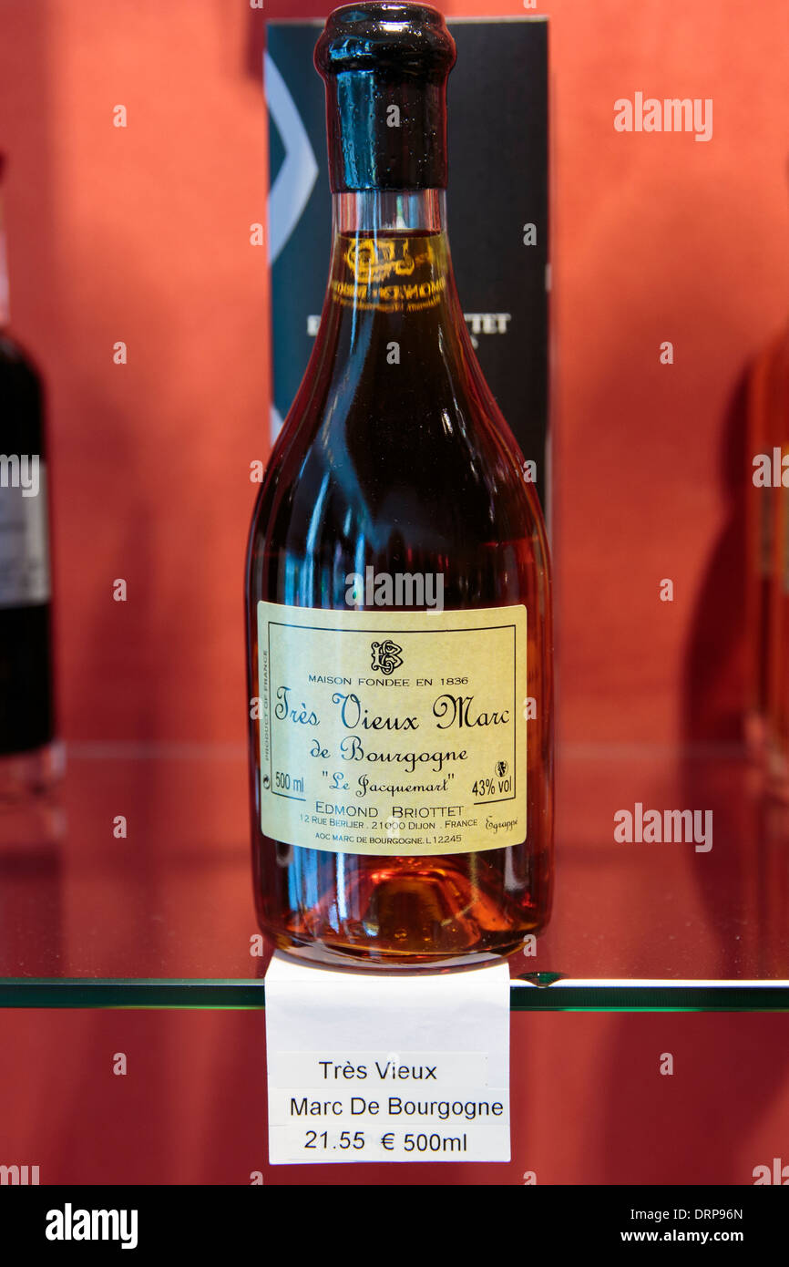 Marc de Bourgogne liquor for sale at Carbillet in Rue des Forges in Dijon in the Burgundy region of France Stock Photo