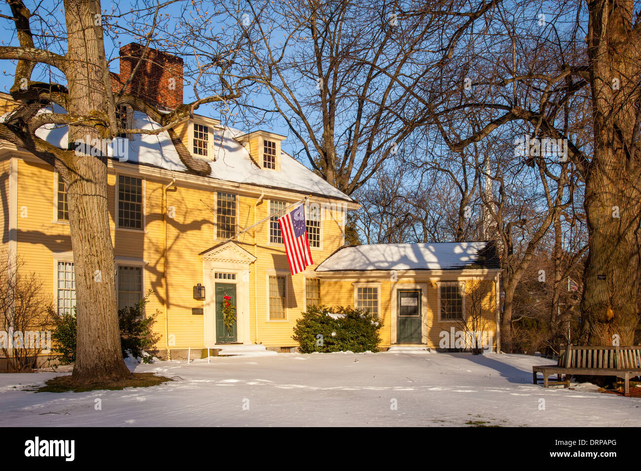 Winter at historic Buckman Tavern - rendezvous point for the minutemen prior to battle in Lexington, Massachusetts, USA Stock Photo