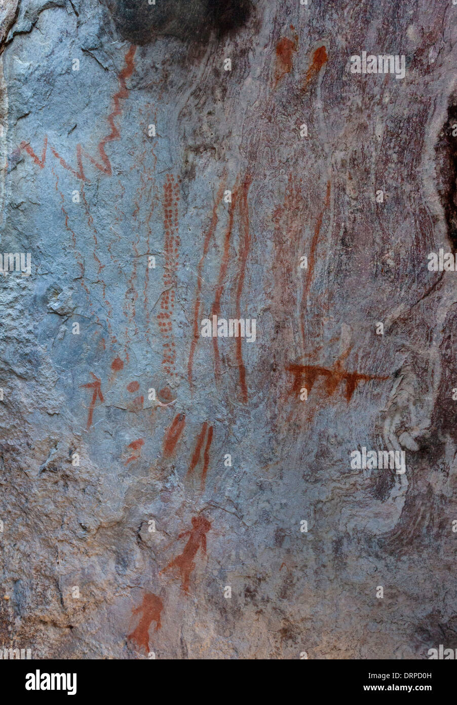 Ancient Indian red pictographs found in Portal Arizona. Stock Photo