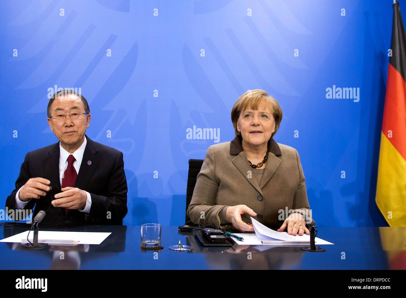 Berlin, Germany. 30th Jan, 2014. German Chancellor Angela Merkel (R) and UN Secretary-General Ban Ki-Moon attend a press conference after their meeting at the chancellery in Berlin, Germany, Jan. 30, 2014. Credit:  Goncalo Silva/Xinhua/Alamy Live News Stock Photo