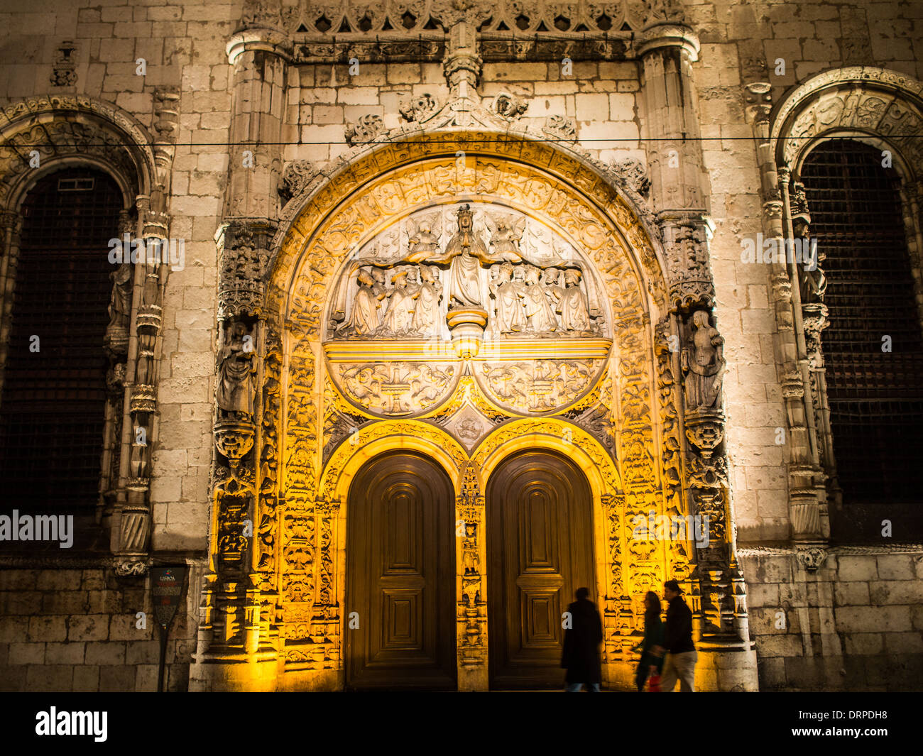 Night lights over Our Lady of Conception the Old church facade in Manueline style, Lisbon Stock Photo