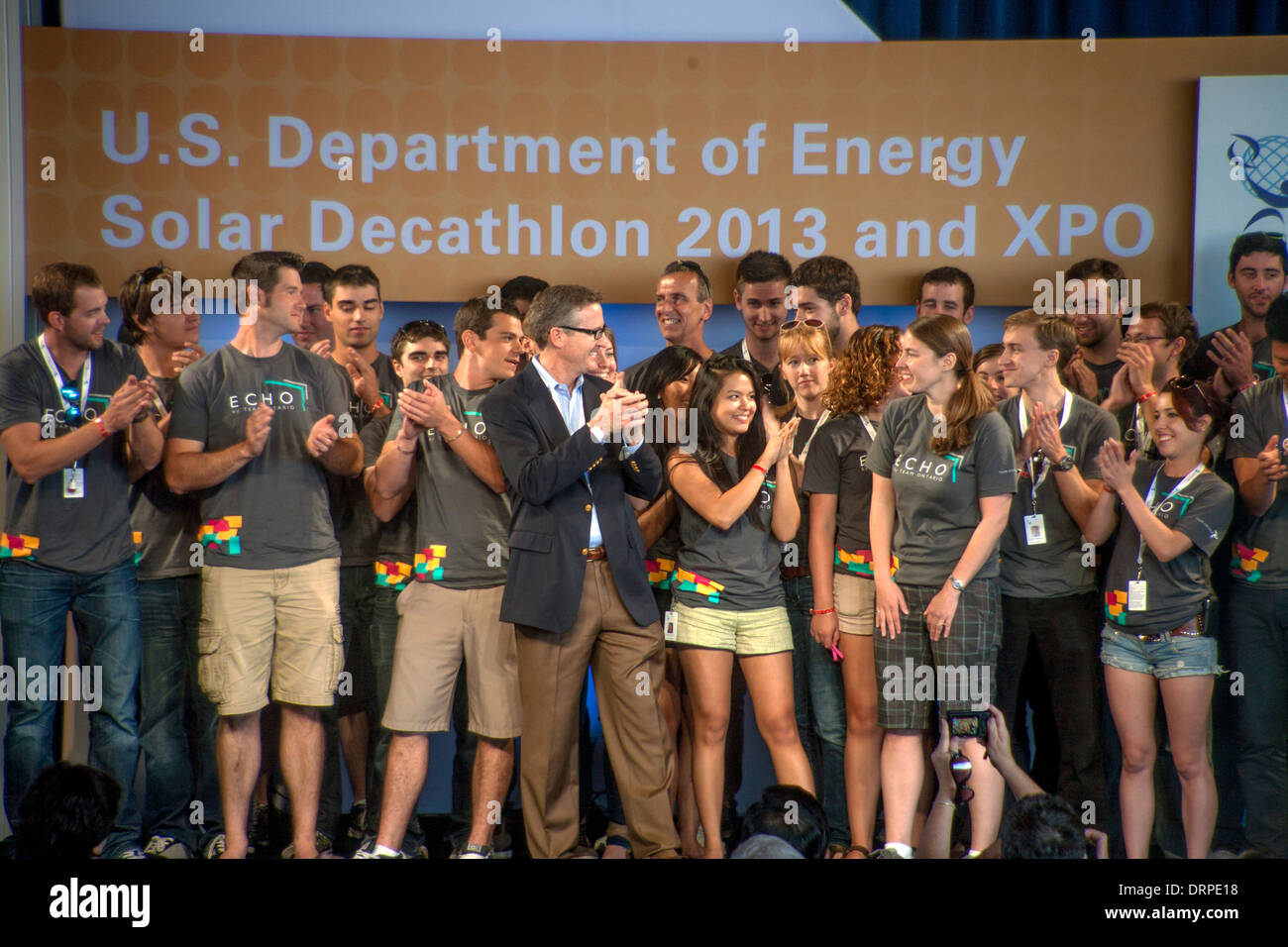 Happy winners of the Solar Decathlon from Ontario, Canada, are cheered in Irvine, CA. Stock Photo