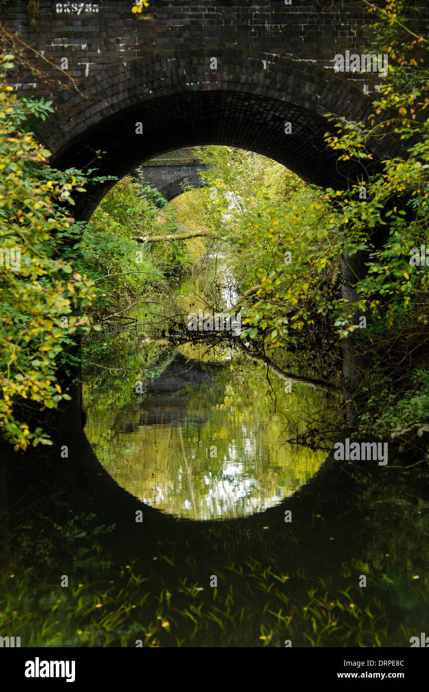 The waterway known as Mother Drain flowing under railway bridges at Potteric Carr nature reserve, Doncaster, South Yorkshire. Stock Photo