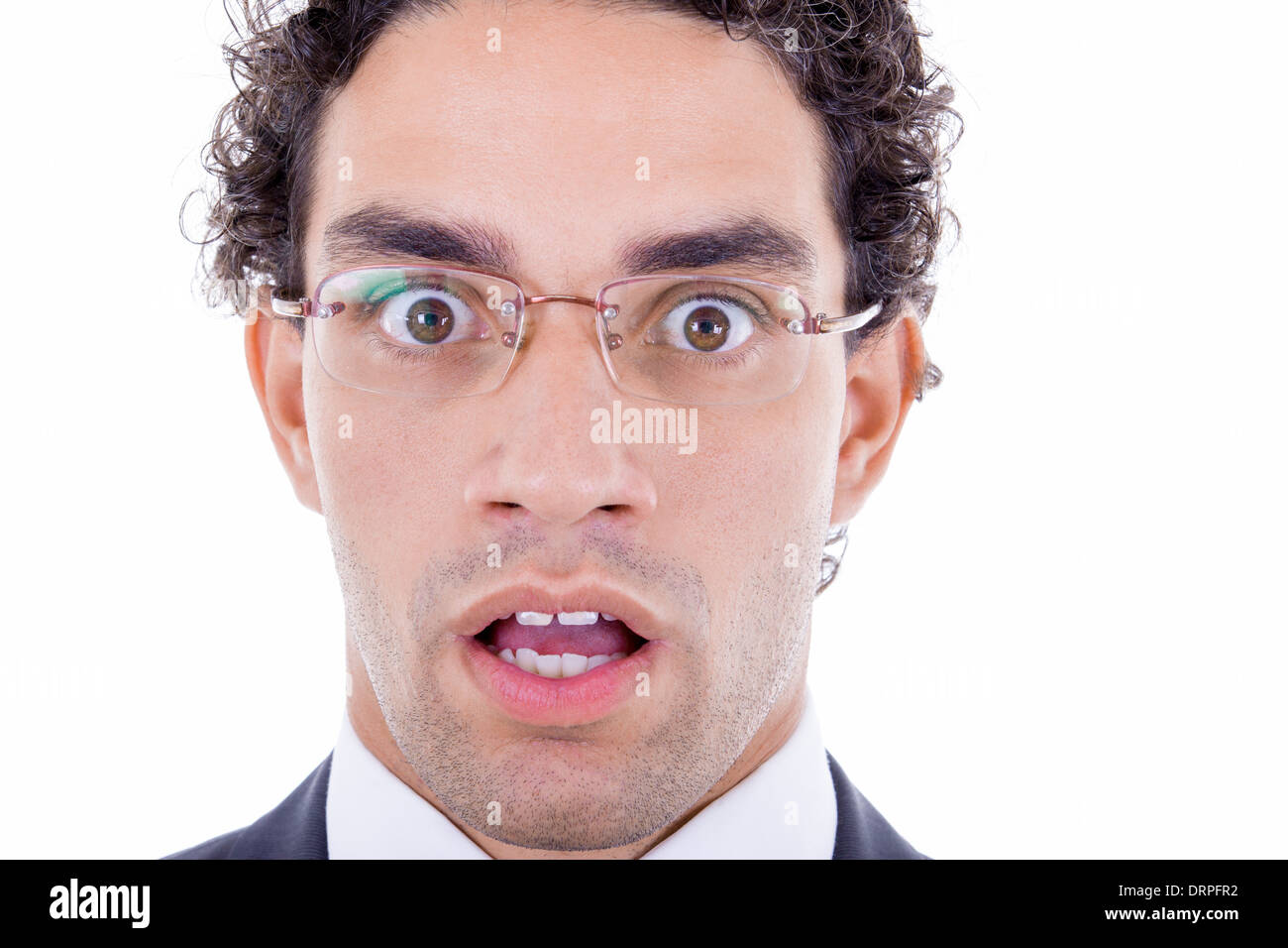 wide eyes open surprised businessman with glasses Stock Photo Alamy
