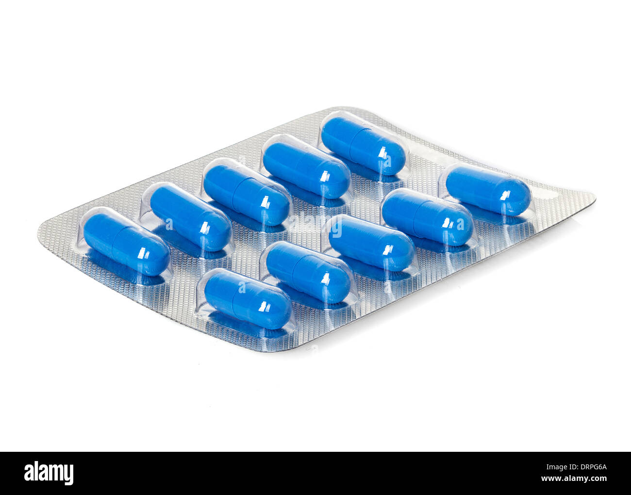 Blue medication capsules, pils in blister pack close-up Stock Photo