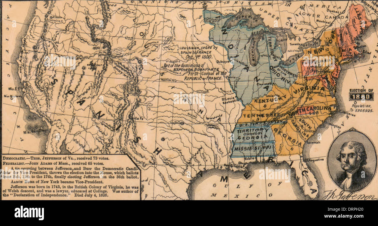 Map of USA Election of 1800 - Thomas Jefferson (Democrat) receives 73 electoral votes.  John Adams (Federalist) receives 65 Stock Photo