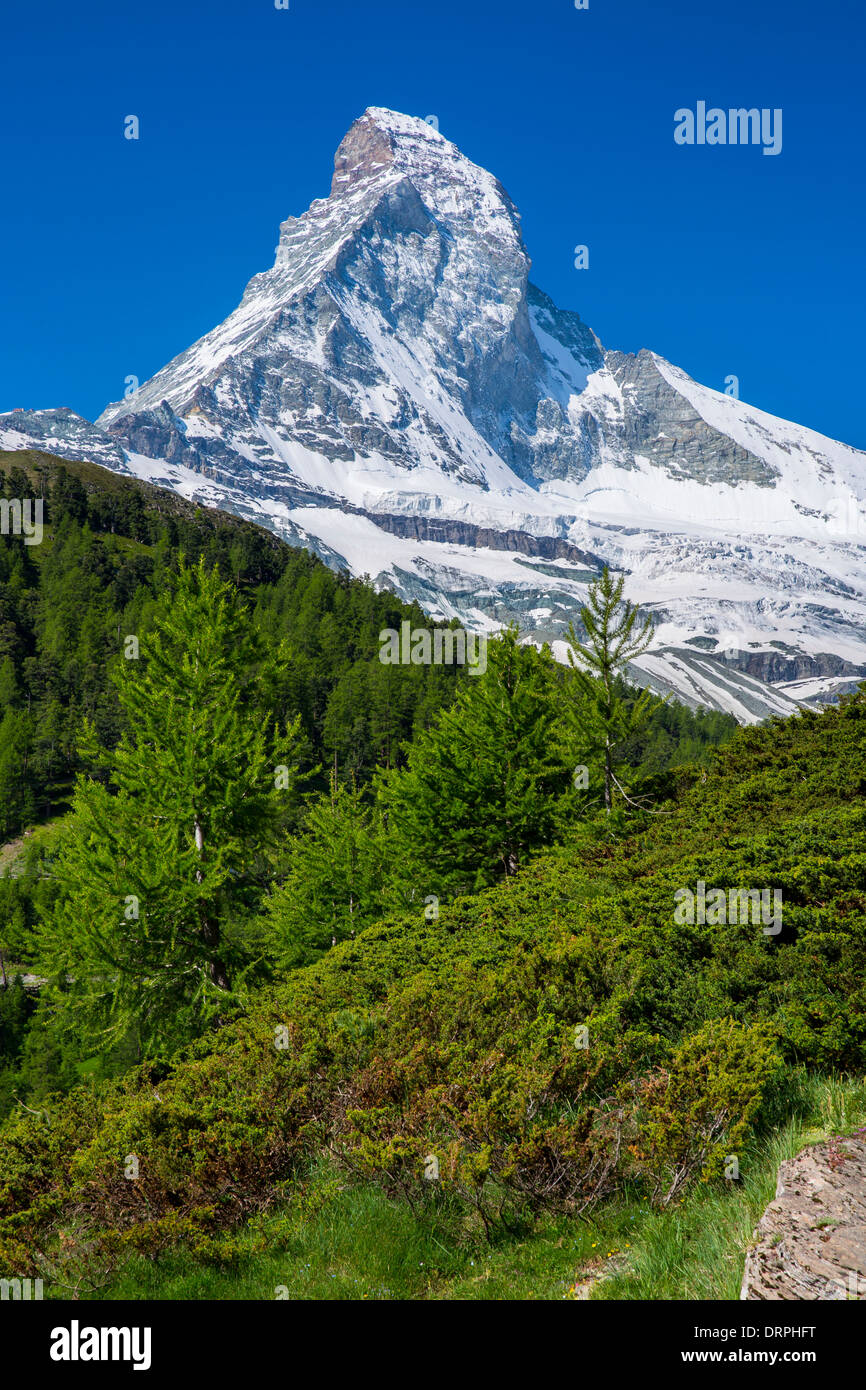 Walking trail below the Matterhorn mountain in the Swiss Alps near Zermatt, Switzerland Stock Photo