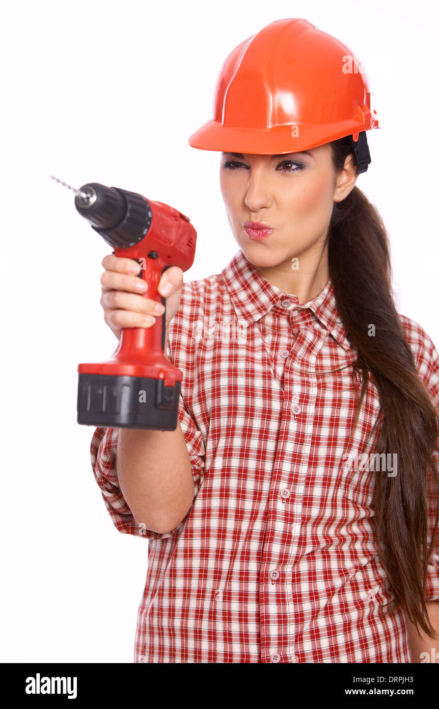 Female worker with drill in her hand Stock Photo