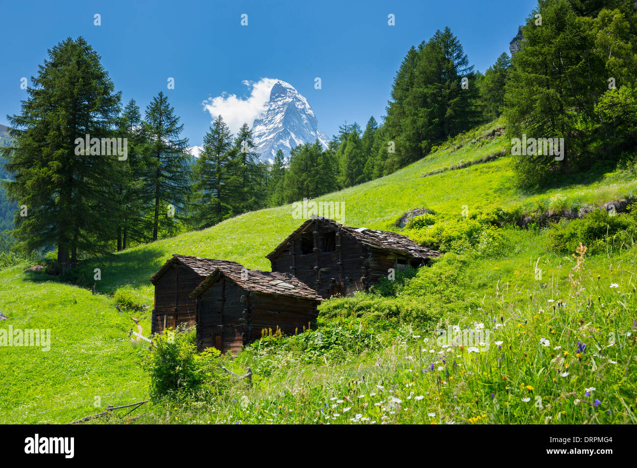 Chalet barns below the Matterhorn mountain in the Swiss Alps near Zermatt, Switzerland Stock Photo