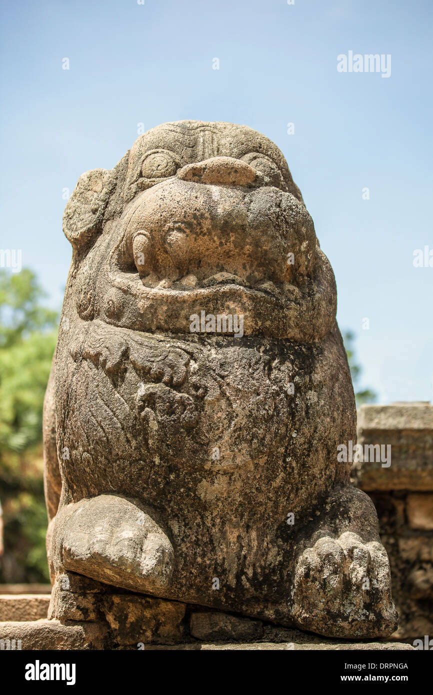 Close up of ancient statue of a guarding lion in Polonnaruwa, Sri Lanka Stock Photo