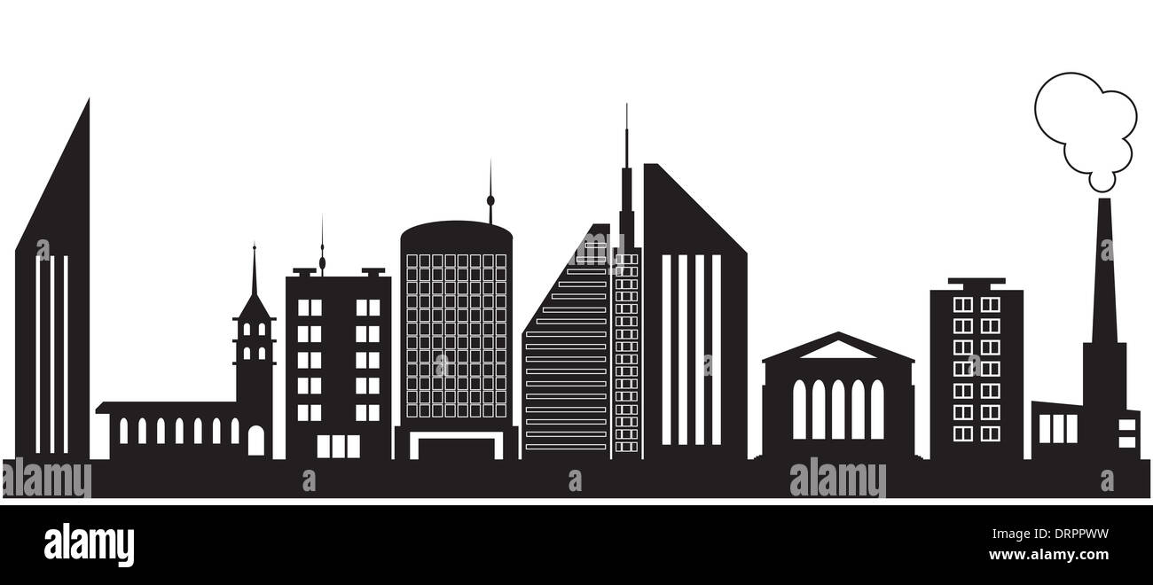Nine silhouettes of city buildings. Vector illustration Stock Photo