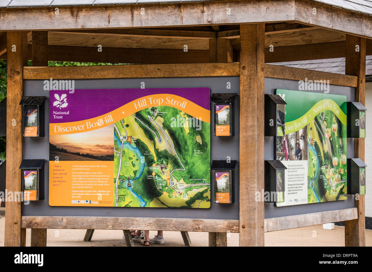Colouful signs and information for the walking trails at the Box Hill