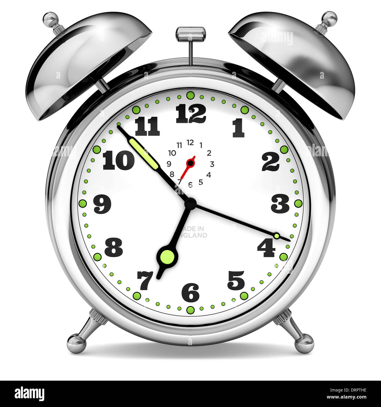 Alarm Clock about to go off. Chrome metal. Old fashioned. Close up on white background. Cut out. Almost time to get up. Unable to sleep. Stock Photo