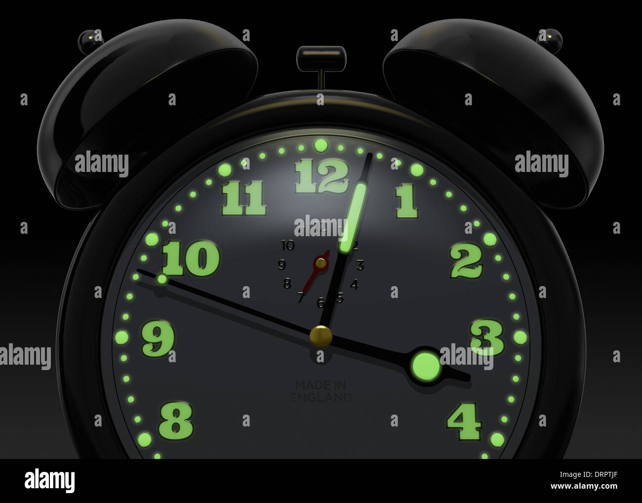 Insomnia. An alarm clock in the middle of the night. Isolated, dim lighting, black background illuminated numbers. Worry. Stock Photo