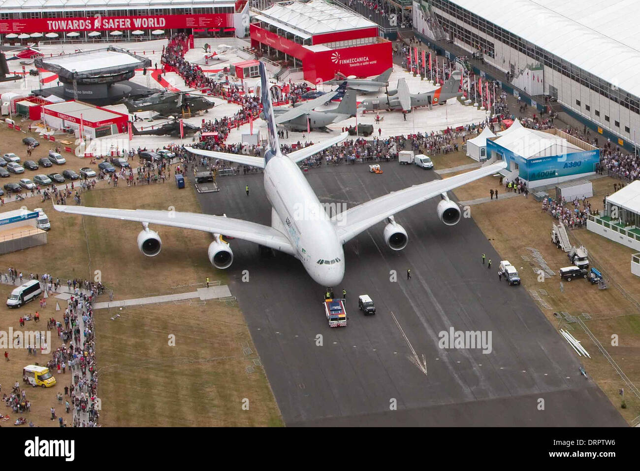Air to ground image of 'airbus' 'a380' taxing down runway prior to taking part in flying display at Farnborough Airshow 2010 Stock Photo