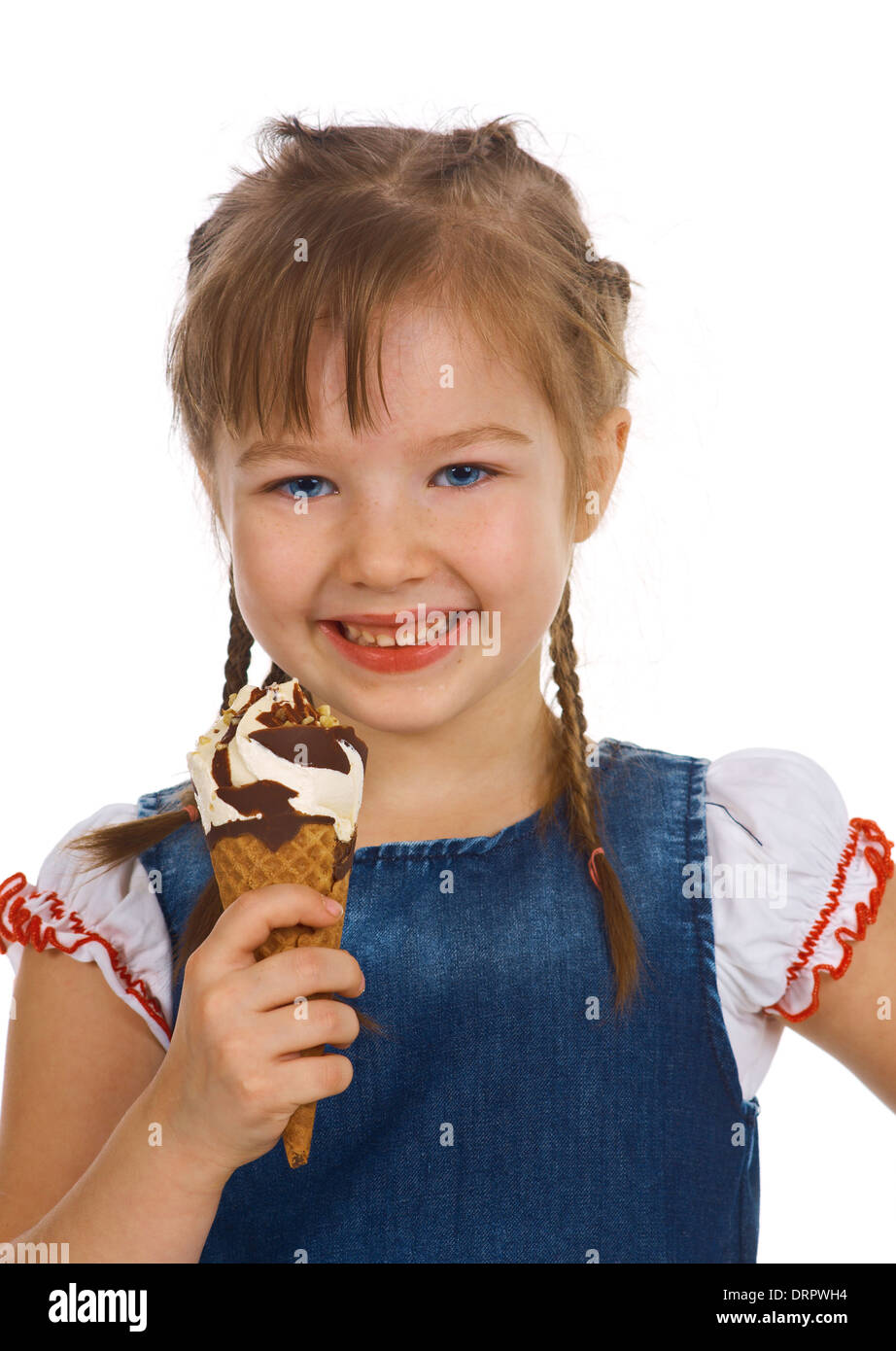 beautiful smiling caucasian girl child eating vanilla ice-cream.isolated on white Stock Photo