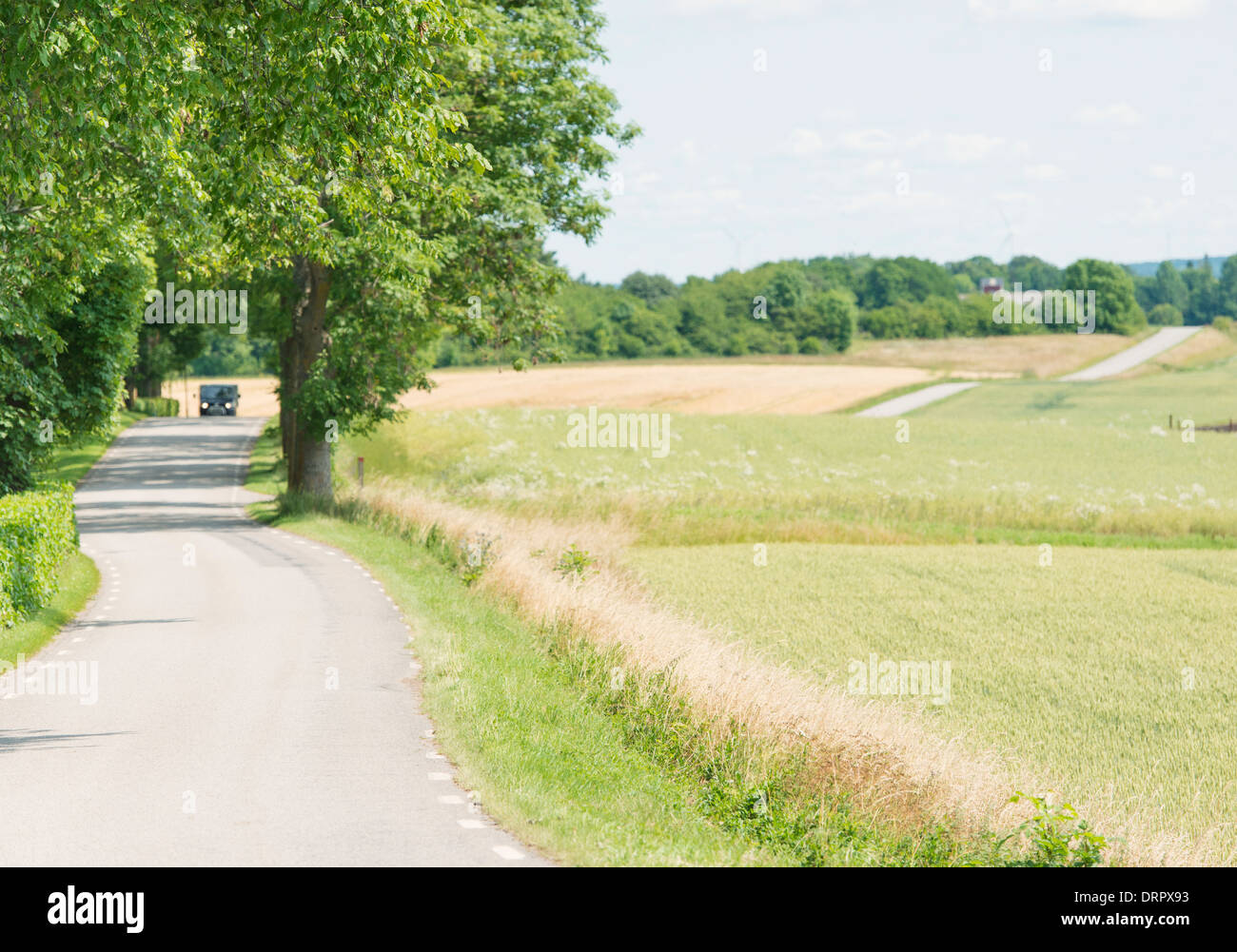Countryside road running through beautiful landscape with distant car driving in tranquil rural setting, Sweden Stock Photo