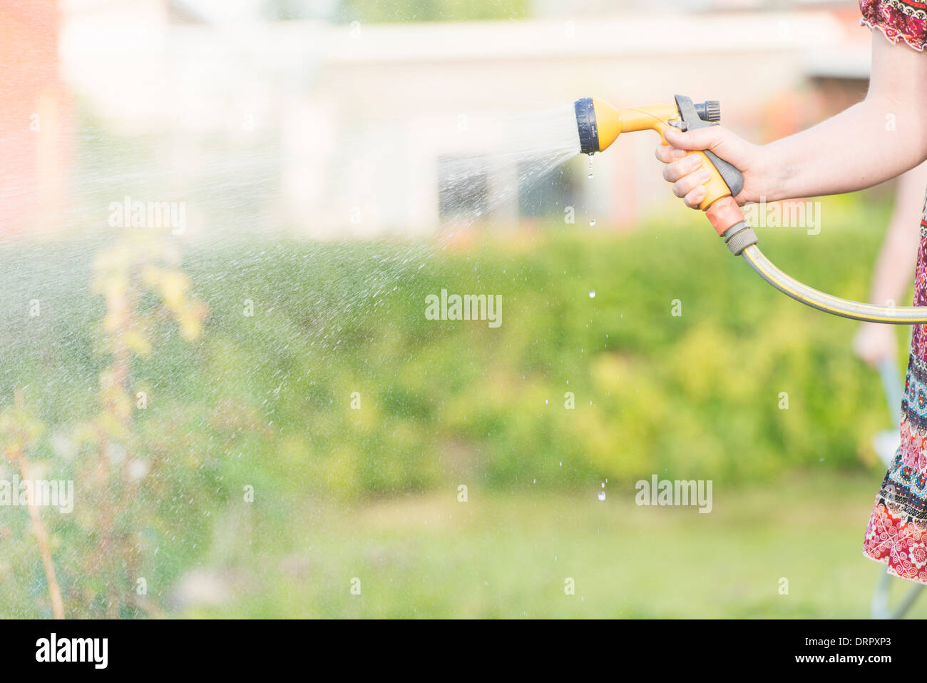 Lifestyle summer scene. Woman watering garden plants with sprinkler. Stock Photo