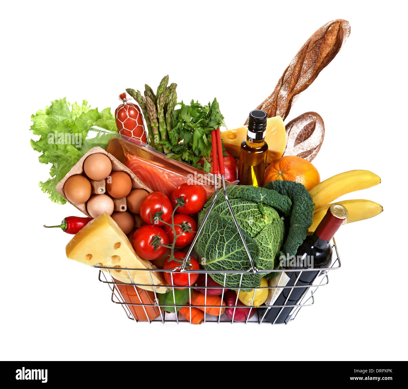 Metal shopping basket with foods Stock Photo