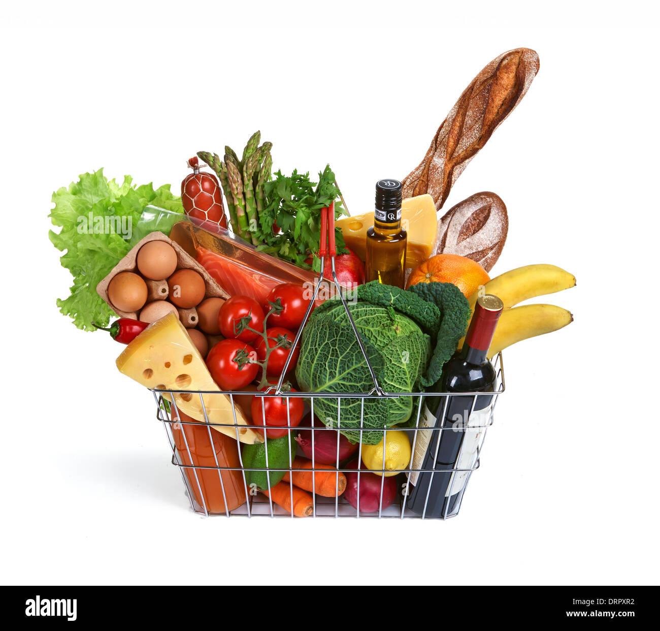 Metal shopping basket with goods Stock Photo