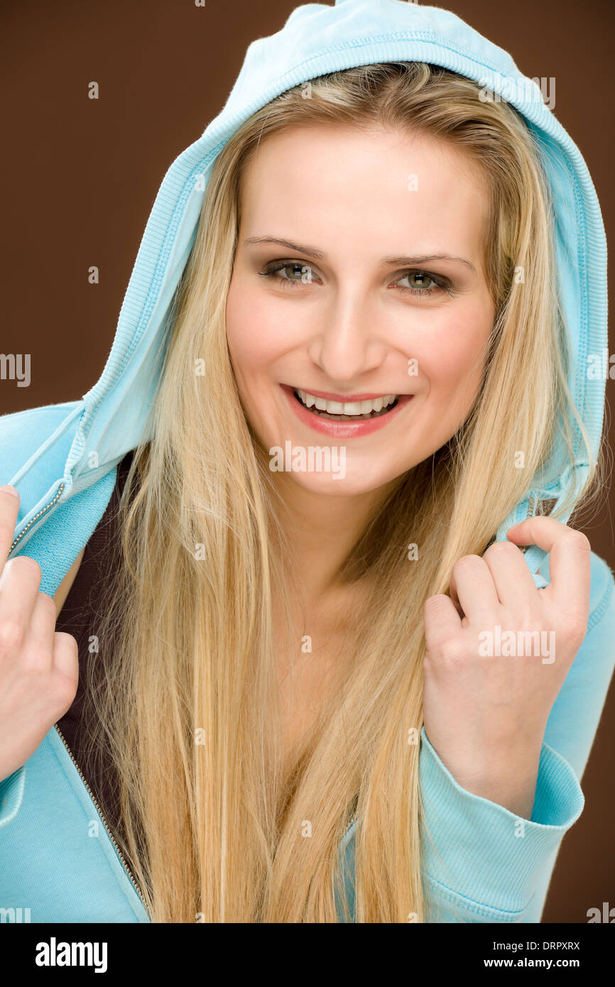 Portrait fashion happy woman wear hood Stock Photo Alamy